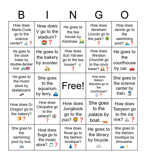 B13 L4 How does Hwasa go to the aquarium? 🐠❓ Bingo Card