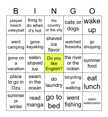 SUMMER BINGO! Bingo Card