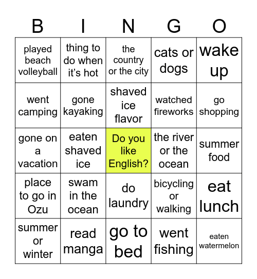 SUMMER BINGO! Bingo Card