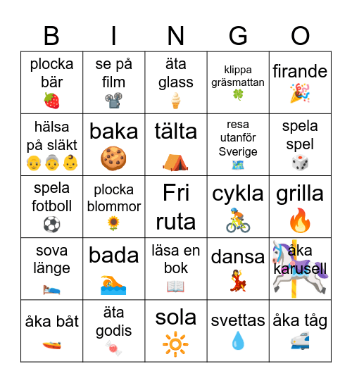 Sommarlovsaktiviteter Bingo Card