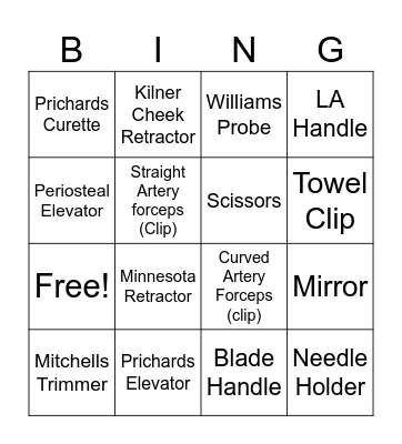 Stage 1 Surgical Instruments Bingo Card