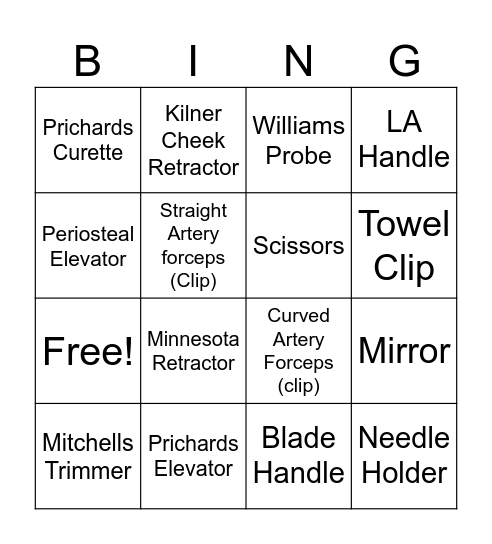 Stage 1 Surgical Instruments Bingo Card