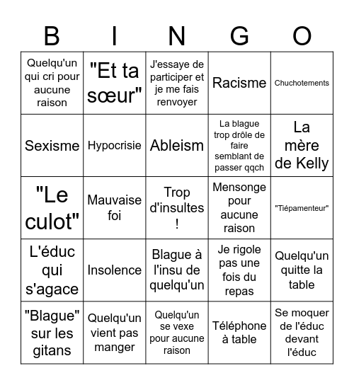 Repas Bingo Card