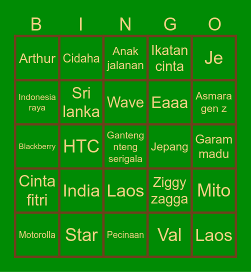 Iya Bingo Card