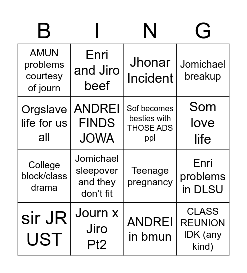 SGA22 COLLEGE LIFE Bingo Card
