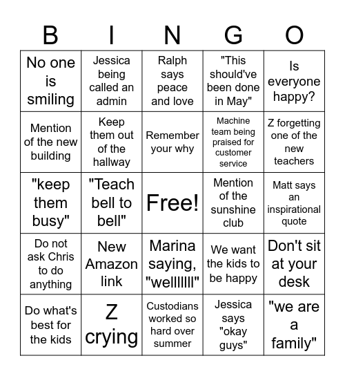 Inservice Day 1 Bingo Card