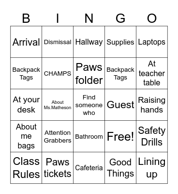 Procedures and Expectations Bingo Card
