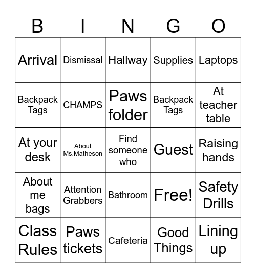 Procedures and Expectations Bingo Card