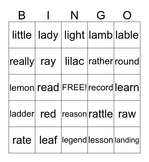 L & R WORDS Bingo Card