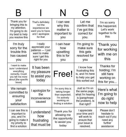 Empathy Statement Bingo Card