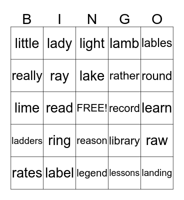 L & R WORDS Bingo Card