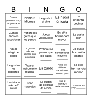 BINGO para conocerse Bingo Card