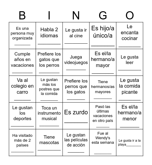 BINGO para conocerse Bingo Card