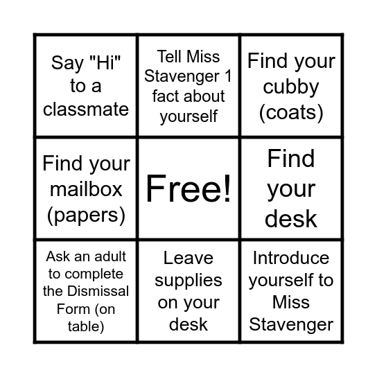 Back to School Bingo Card