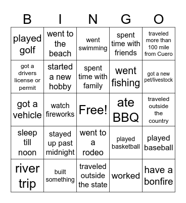 summer vacation bingo Card