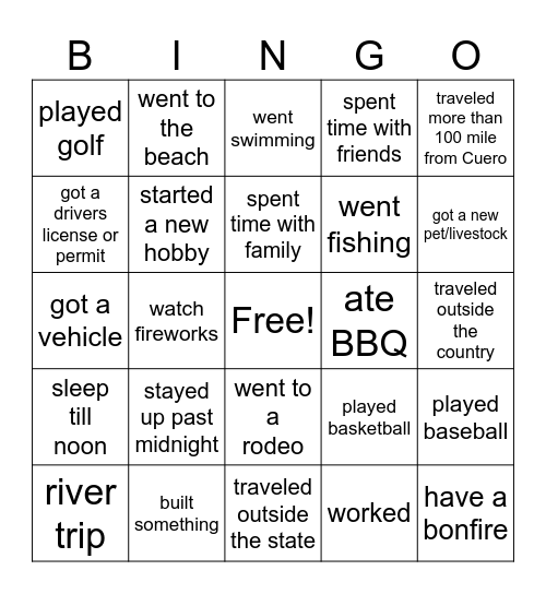 summer vacation bingo Card