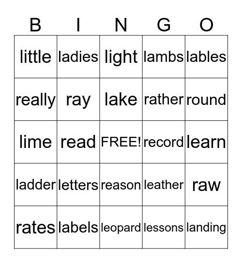 L & R WORDS Bingo Card