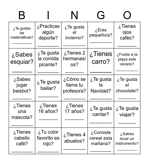 Preguntas en español Bingo Card
