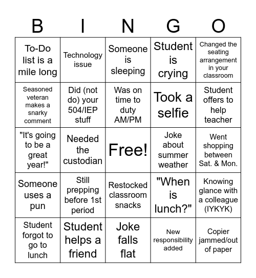 First Day 25-26 Bingo Card