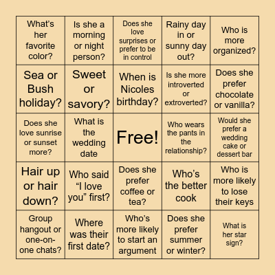 Nicole's Bridal Trivia Bingo Card