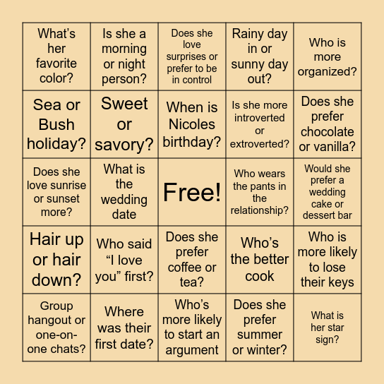 Nicole's Bridal Trivia Bingo Card