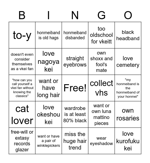 early 90s vkei fan Bingo Card