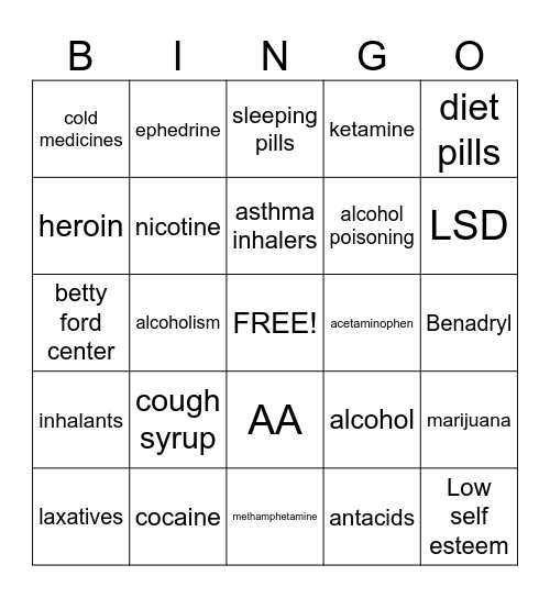 Substance Abuse Bingo Card