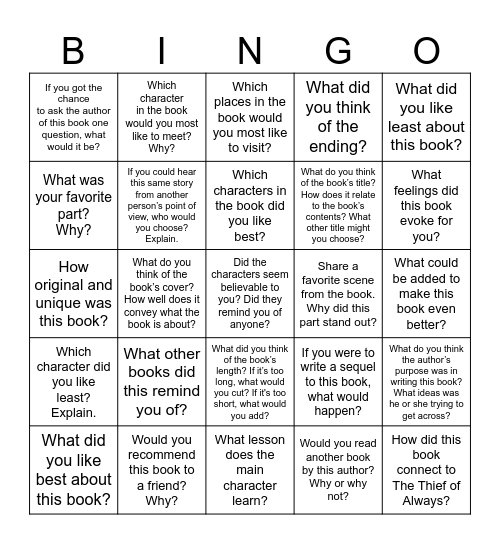 Book Club Bingo Card