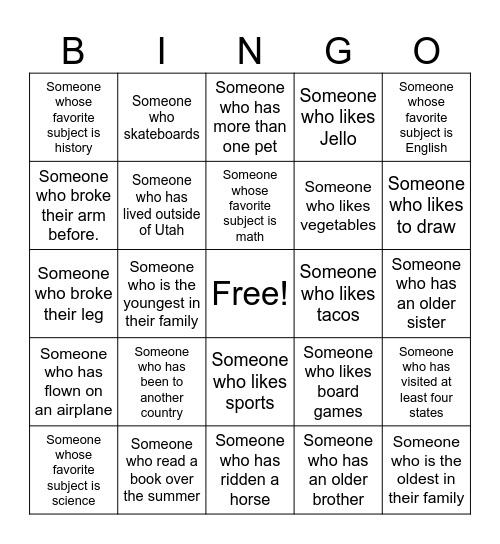 Classmate Bingo Card