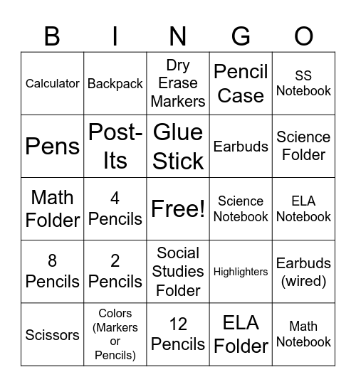 7C Supply Bingo Card