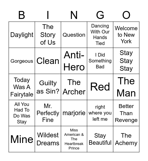 Taylor Swift Bingo #1 Bingo Card