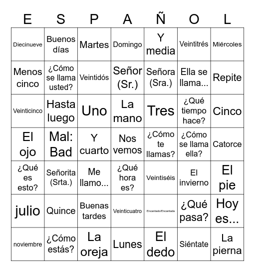 "Para Empezar" Bingo Card