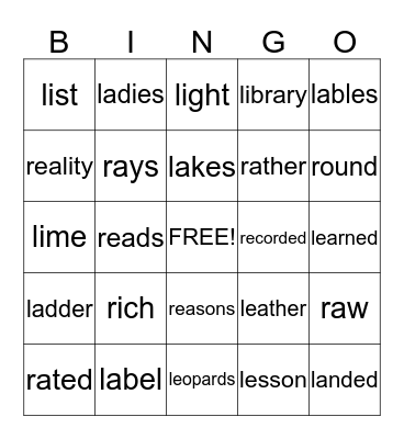 L & R WORDS Bingo Card