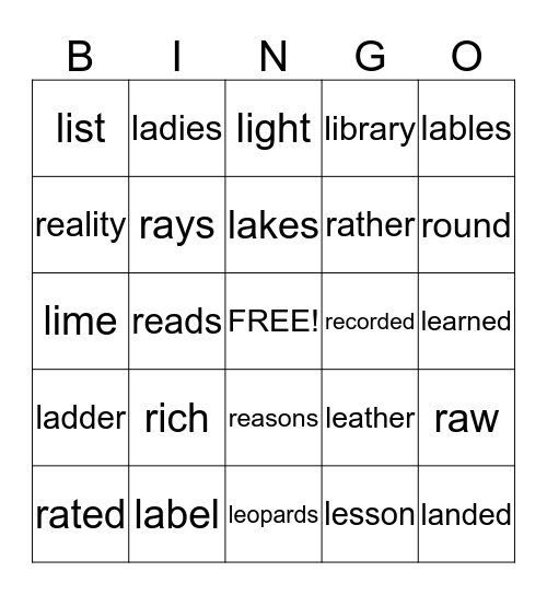 L & R WORDS Bingo Card