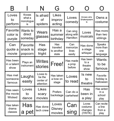 Theatre Bingo Card