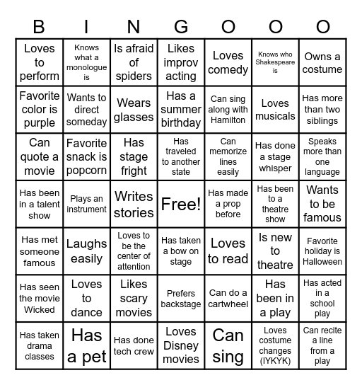 Theatre Bingo Card
