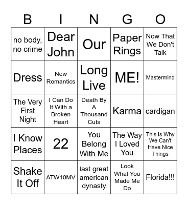 Taylor Swift Bingo #4 Bingo Card