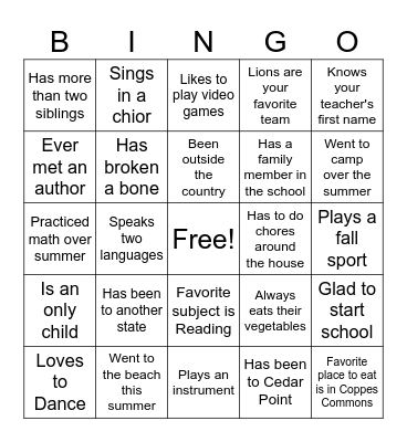 First Day of School Bingo Card