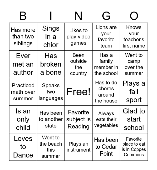 First Day of School Bingo Card
