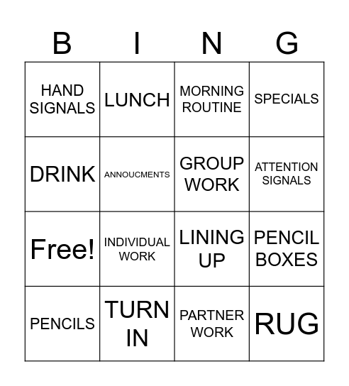 CLASSROOM ROUTINES Bingo Card