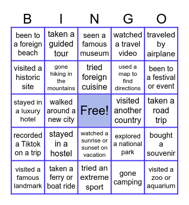 TRAVEL EXPERIENCES BINGO Card