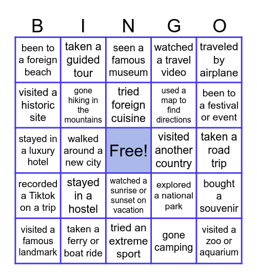 TRAVEL EXPERIENCES BINGO Card