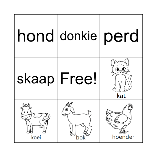 Plaasdiere Bingo Card