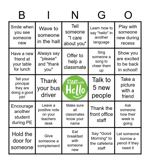 Springfield Elementary Start With Hello Bingo! Bingo Card