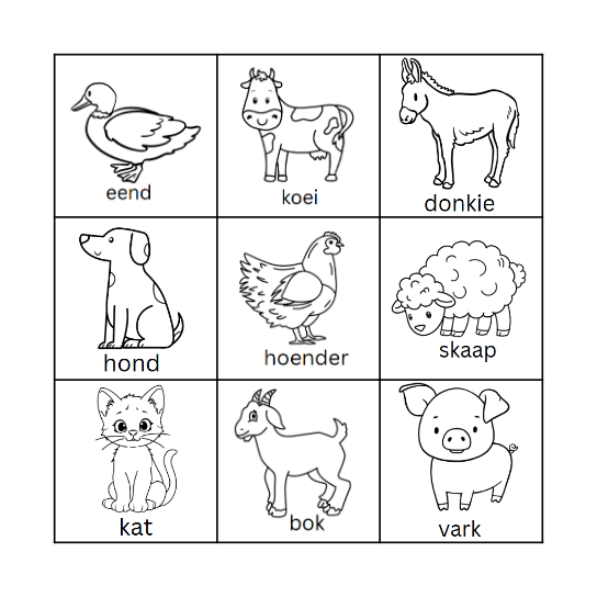 Plaasdiere Bingo Card