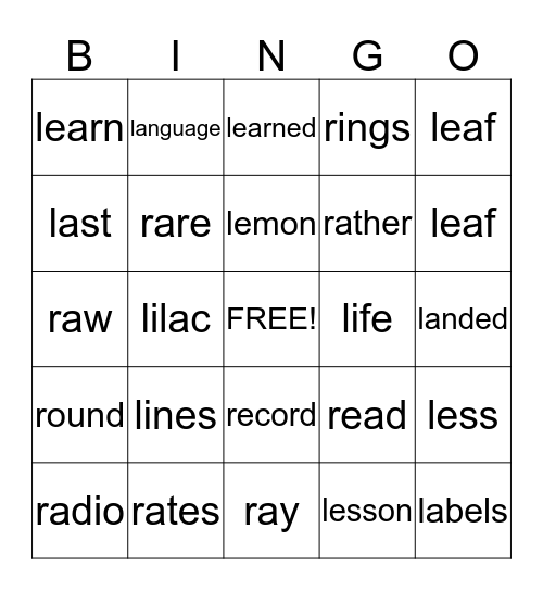 L & R WORDS Bingo Card