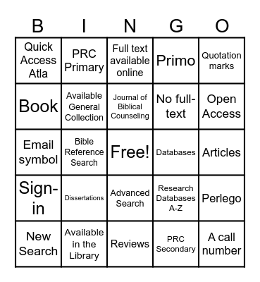 William Perkins Library Bingo Card