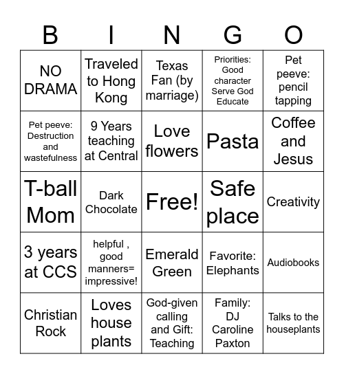 FACTS ABOUT MY TEACHER Bingo Card