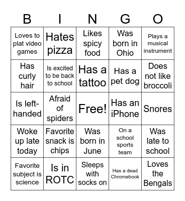 Meet the Class! Bingo Card