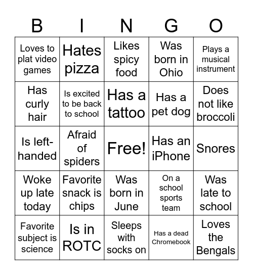 Meet the Class! Bingo Card